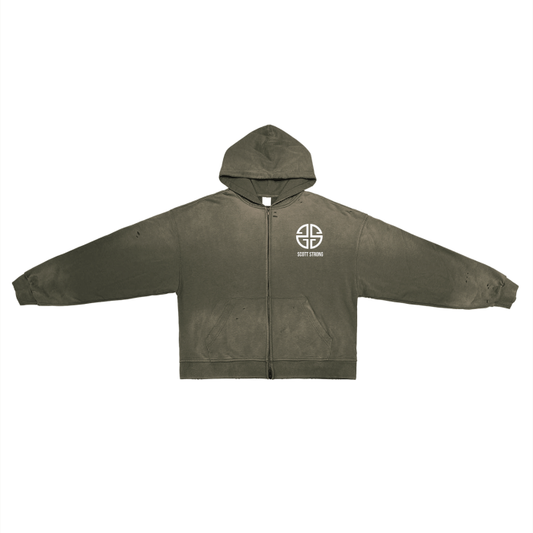 Scott Strong Post-Apocalyptic Aesthetic Pure Cotton Hand-Frayed Monkey Washed Zip Hoodie